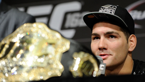 Chris Weidman speaks during the post fight news conference after his victory over Anderson Silva at a UFC 162 mixed martial arts middleweight championship bout Saturday, July 6, 2013, in Las Vegas. Weidman won with a second round TKO. (AP Photo/David Beck