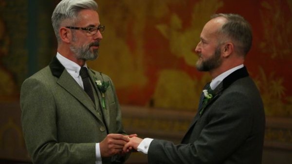 Actor Andrew Wale (left) and guesthouse owner Neil Allard during their wedding service in the Music Room of the Royal Pavilion, Brighton, as the new law permitting same sex marriage in England and Wales comes into force.