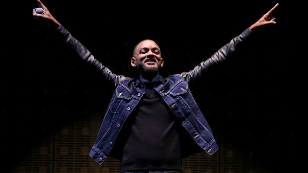 Actor Will Smith introduces Calvin Harris onto the Main Stage at the T in the Park festival, held at Balado Park in Kinross, Scotland.