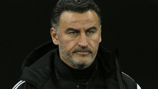 Saint-Etienne coach Christophe Galtier prior to the Europa League Group F soccer match between Dnipro Dnipropetrovsk and Saint-Etienne at the Olympiyskiy national stadium in Kiev, Ukraine, Thursday, Dec. 11, 2014. (AP Photo/Sergei Chuzavkov)