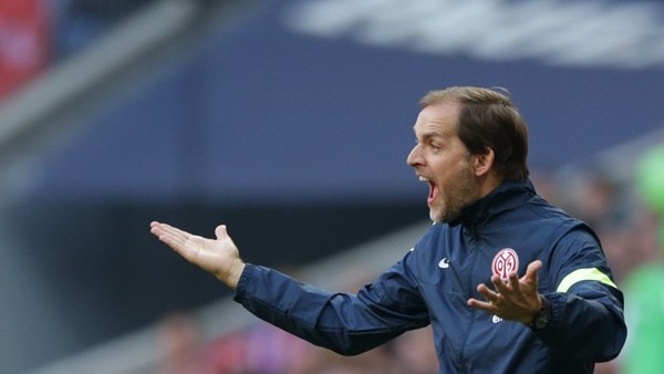 Mainz head coach Thomas Tuchel gestures during the German first division Bundesliga soccer match between FC Bayern Munich and FSV Mainz 05, in Munich, southern Germany, Saturday, Oct. 19, 2013. (AP Photo/Matthias Schrader)