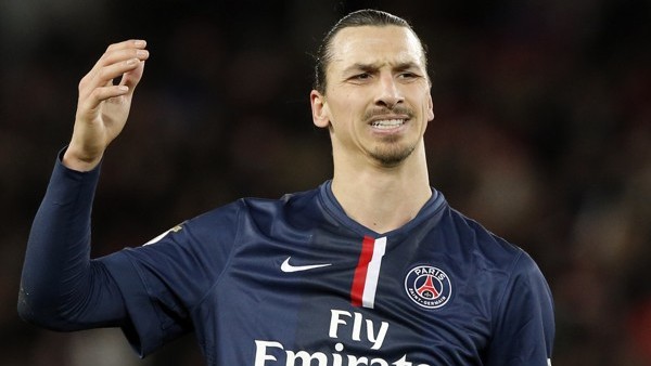 Paris Saint Germain's Zlatan Ibrahimovic gestures, during their League One soccer match between Paris Saint Germain and Montpellier, at Parc des Princes stadium, in Paris, Saturday, Dec. 20, 2014. (AP Photo/Francois Mori)