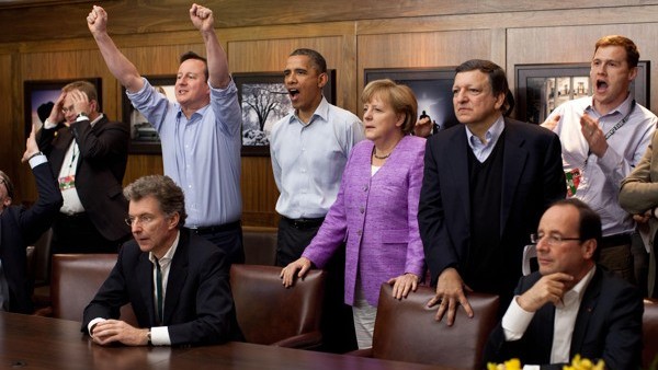 Handout picture, dated May 19, 2012, supplied by the White House, of British Prime Minister David Cameron, President Barack Obama, Chancellor Angela Merkel of Germany, Jose Manuel Barroso, President of the European Commission, and others watching the over