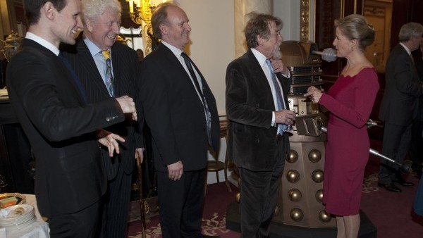 The Countess of Wessex meets Matt Smith, Tom Baker, Peter Davison and John Hurt as she hosts a reception at Buckingham Palace to mark the 50th anniversary of Doctor Who. Props from the show, including two versions of the Tardis, a pair of Daleks and K-9 t