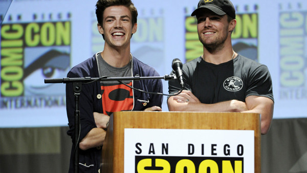 Grant Gustin, left, a cast member in the television series 