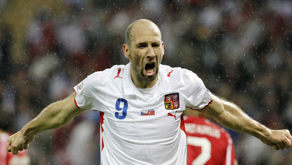 Czech Republic's Jan Koller celebrates after his teammate Jaroslav Plasil scored their side's 2nd goal during the group A match between Turkey and Czech Republic in Geneva, Switzerland, Sunday, June 15, 2008, at the Euro 2008 European Soccer Championships