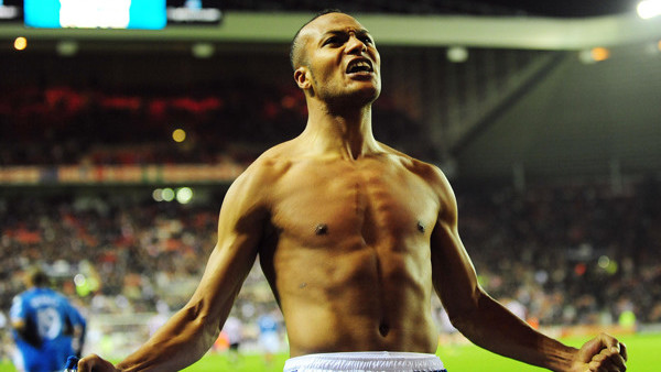 Portsmouth's Younes Kaboul celebrates scoring the equalising goal in injury time during the Barclays Premier League match at the Stadium of Light, Sunderland.