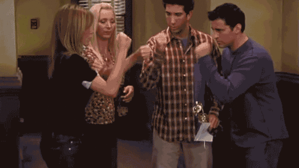Friends Ross Joey Phoebe Rachel Thanksgiving rock paper scissors fire