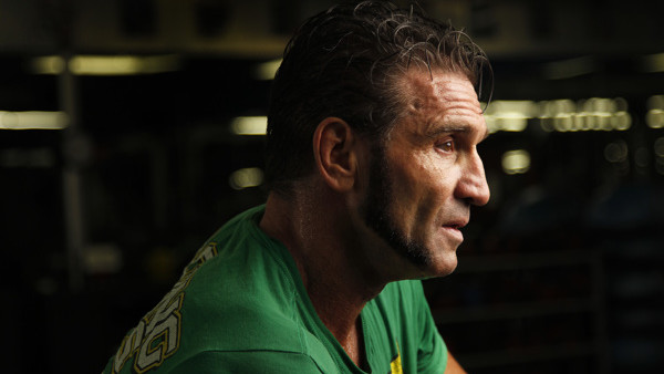 Brock Lesnar during his UFC heavyweight mixed martial arts title match against Shane Carwin Saturday, July 3, 2010, at The MGM Grand Garden Arena in Las Vegas. (AP Photo/Eric Jamison)