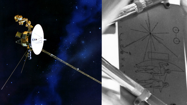 Voyager probe and pioneer plaque