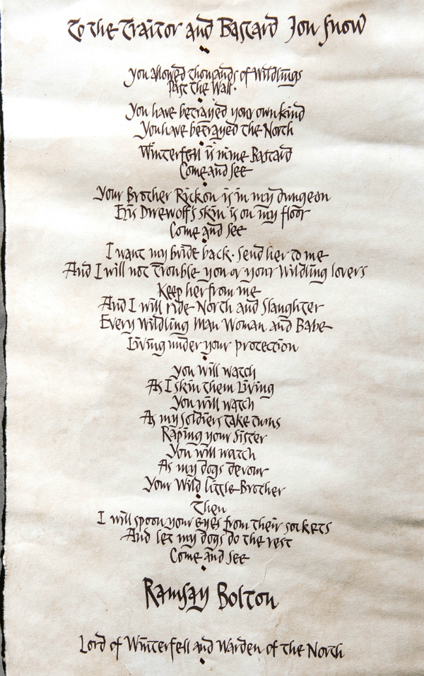 Game of Thrones Ramsay Jon Pink Letter