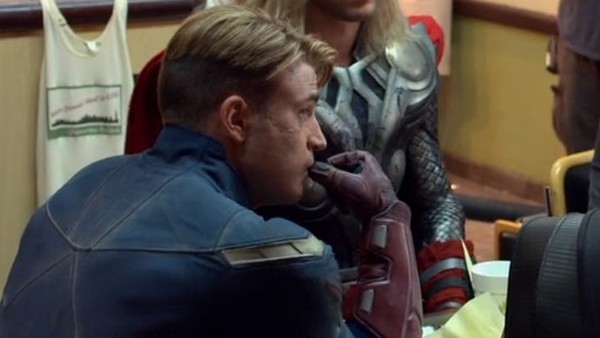 Behind The Scenes Shot Of Chris Evans In The Avengers Shawarma Scene