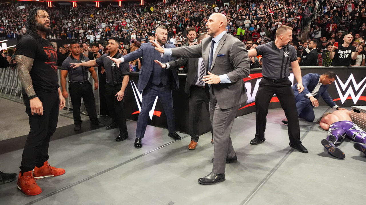 WWE Raw Roman Reigns Adam Pearce Seth Rollins