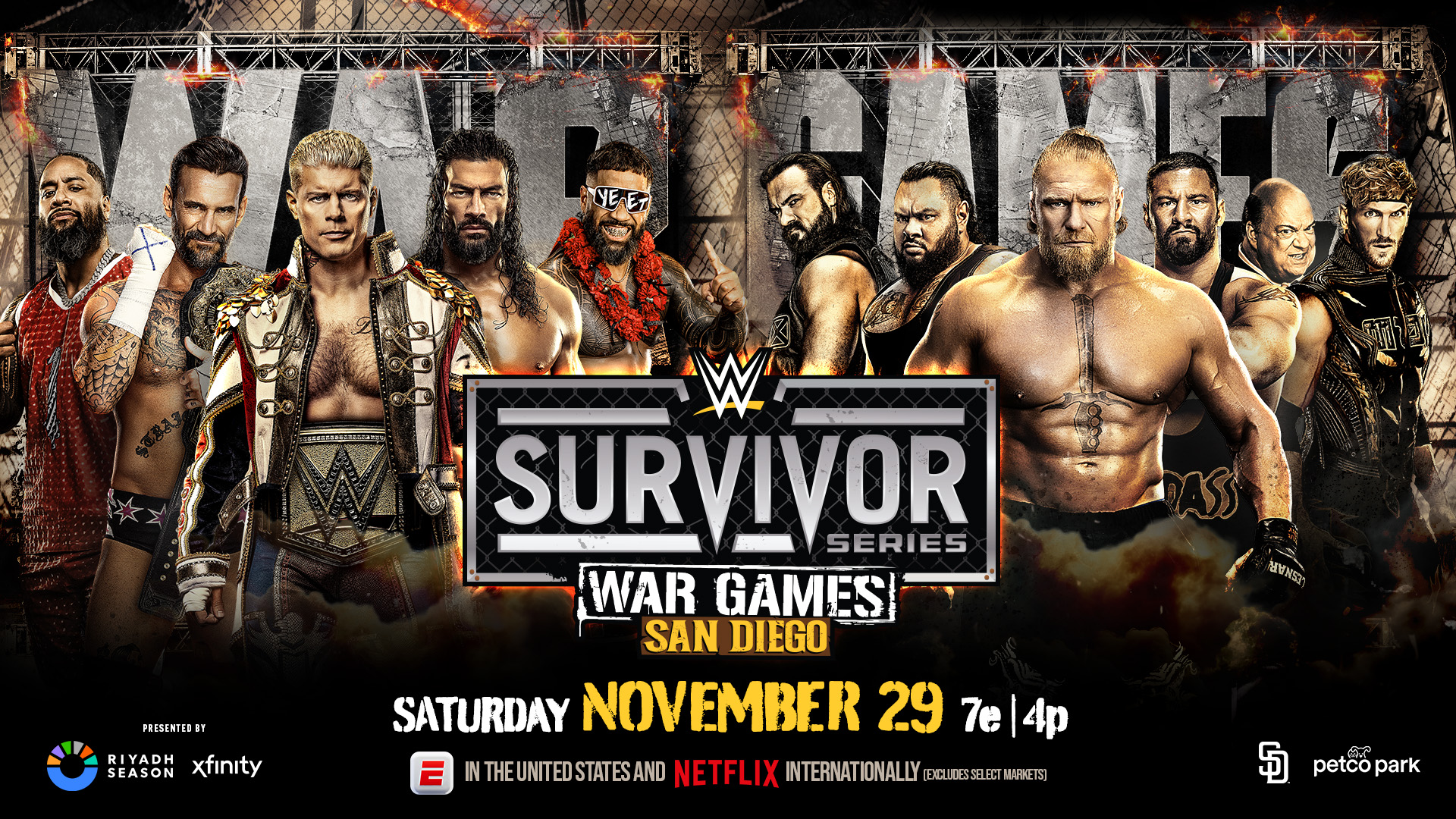 WWE Survivor Series 2025 WarGames Roman Reigns CM Punk Cody Rhodes Jimmy Jey Uso Drew McIntyre Bronson Reed Bron Breakker Paul Heyman Logan Paul Brock Lesnar